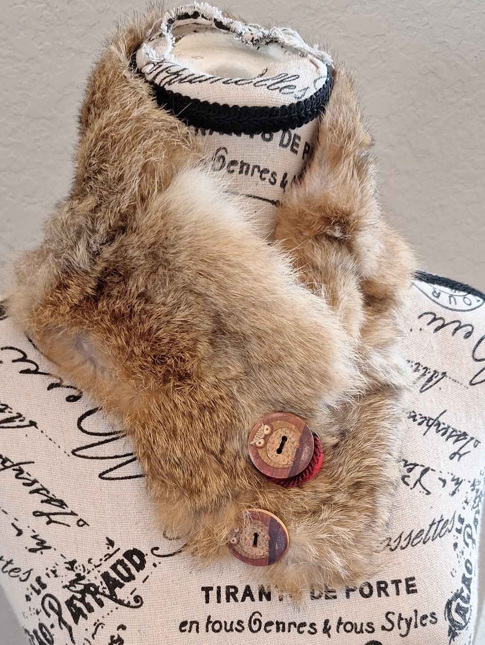 Vintage Rabbit Fur Collar With Buffalo Plaid Accent And Owl Buttons